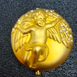 Estee Lauder Compact; January Angel, Matte gold, and rhinestones, pouch and box